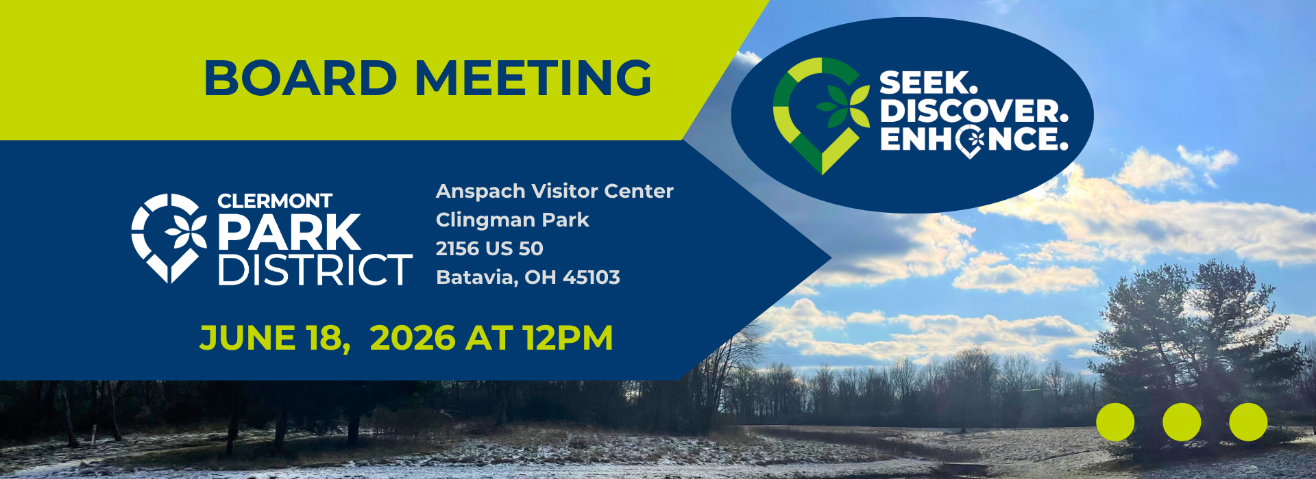 The next park board meeting will be on June 18, 2026 from 12-1pm